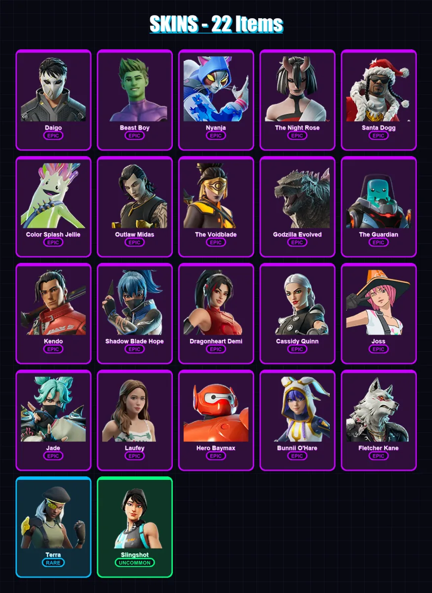 [PC/XBOX/PSN] | Daigo | Beast Boy | Nyanja | The Night Rose | Santa Dogg | 22 skin | 32 pickaxe | 26 emote | 25 glider | Lv244