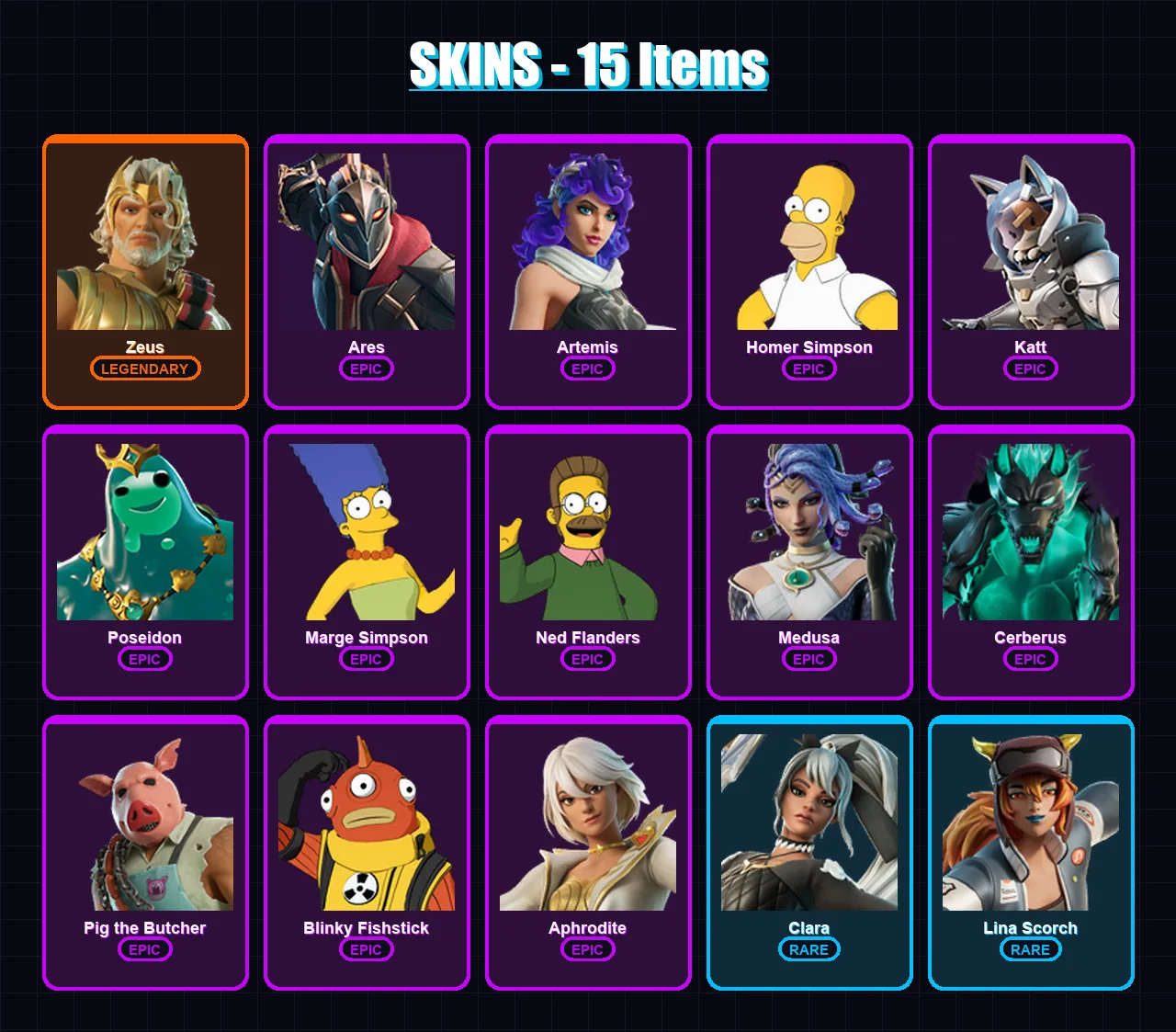 [PC/XBOX/PSN] | Zeus | Ares | Artemis | Homer Simpson | Katt | 15 skin | 59 pickaxe | 27 emote | 42 glider | Lv414