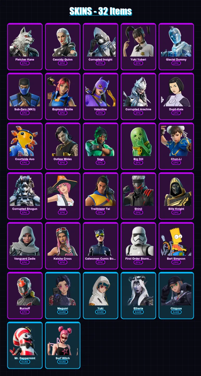 [PC/XBOX] | Fletcher Kane | Cassidy Quinn | Corrupted Insight | Yuki Yubari | Glacial Dummy | 32 skin | 68 pickaxe | 37 emote | 39 glider | Lv808