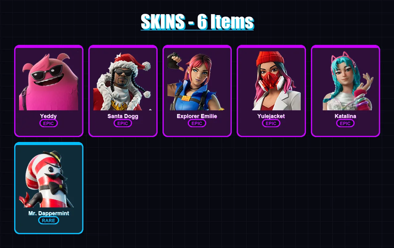 [PC/XBOX/PSN] | Yeddy | Santa Dogg | Explorer Emilie | Yulejacket | Katalina | 6 skin | 11 pickaxe | 8 emote | 13 glider | Lv66