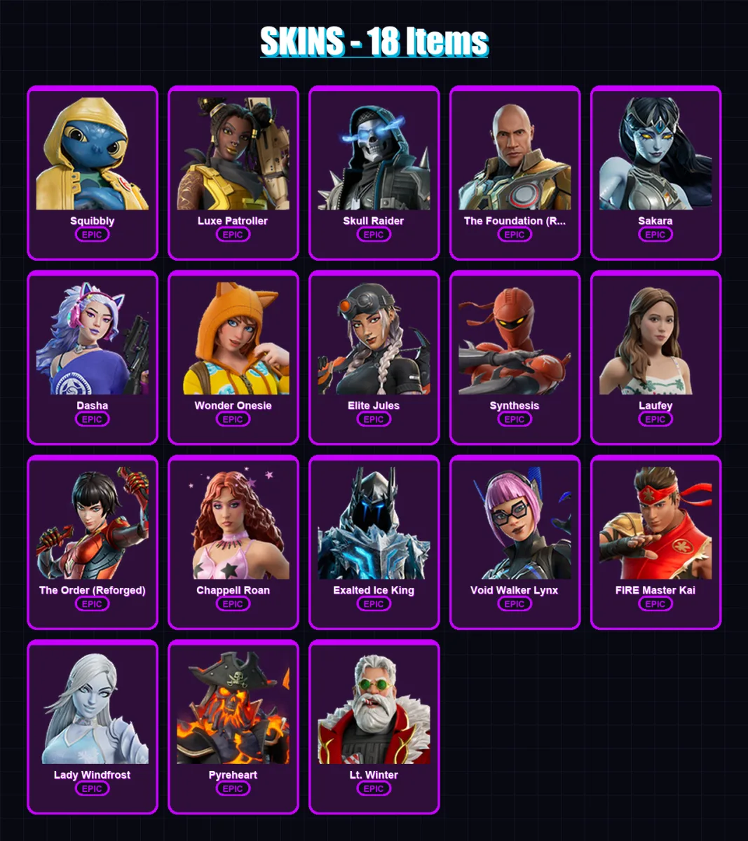 [PC/PSN] | Squibbly | Luxe Patroller | Skull Raider | The Foundation (Reforged) | Sakara | 18 skin | 31 pickaxe | 16 emote | 19 glider | Lv184