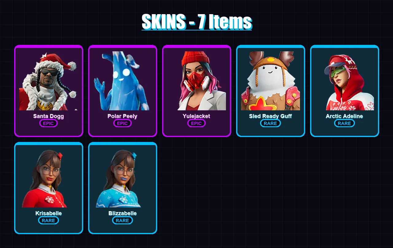 [PC/XBOX/PSN] | Santa Dogg | Polar Peely | Yulejacket | Sled Ready Guff | Arctic Adeline | 7 skin | 17 pickaxe | 16 emote | 18 glider | Lv261