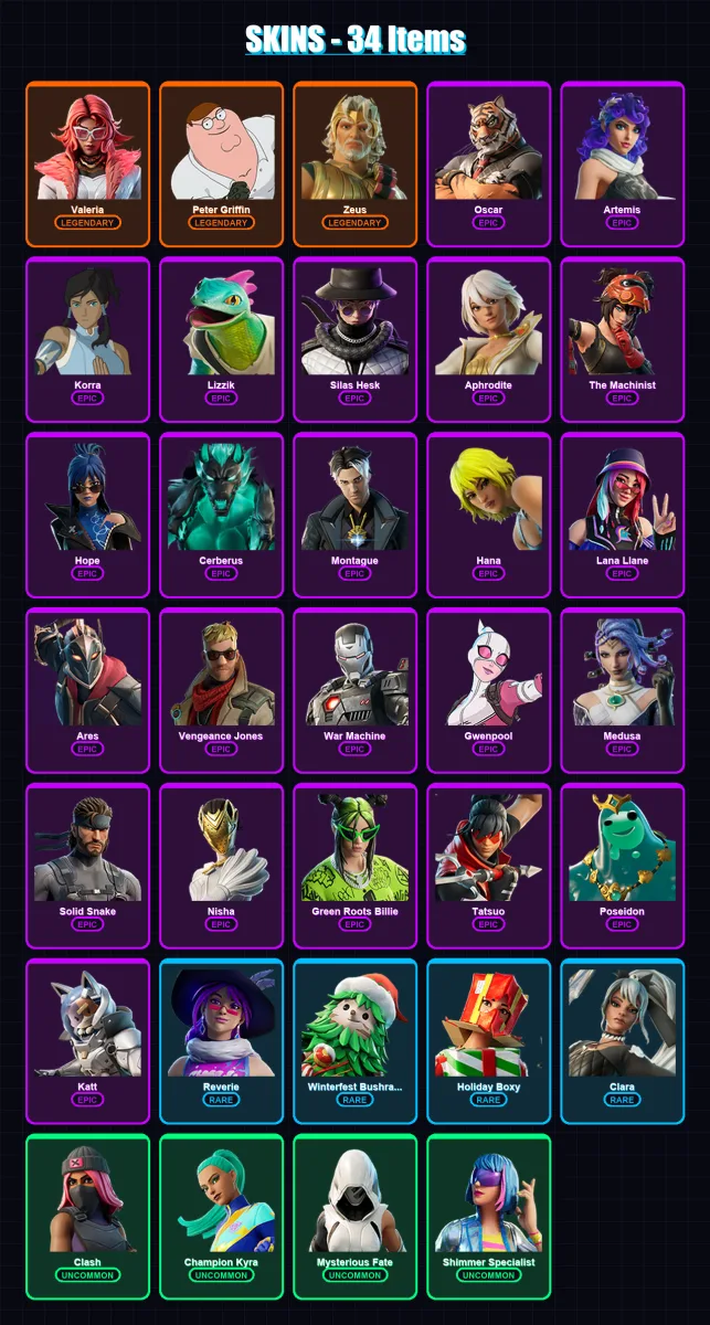 [PC/XBOX] | Valeria | Peter Griffin | Zeus | Oscar | Artemis | 34 skin | 31 pickaxe | 22 emote | 22 glider | Lv227 — Fortnite account