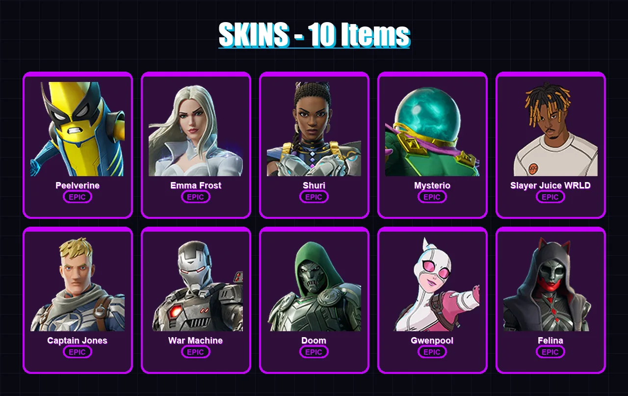[PC/XBOX/PSN] | Peelverine | Emma Frost | Shuri | Mysterio | Slayer Juice WRLD | 10 skin | 18 pickaxe | 14 emote | 14 glider | Lv171 — Fortnite account