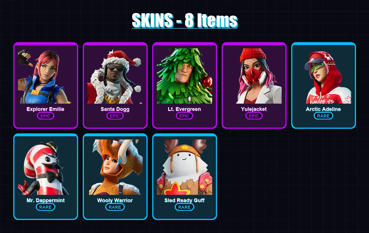 [PC/XBOX] | Explorer Emilie | Santa Dogg | Lt. Evergreen | Yulejacket | Arctic Adeline | 8 skin | 17 pickaxe | 9 emote | 17 glider | Lv206
