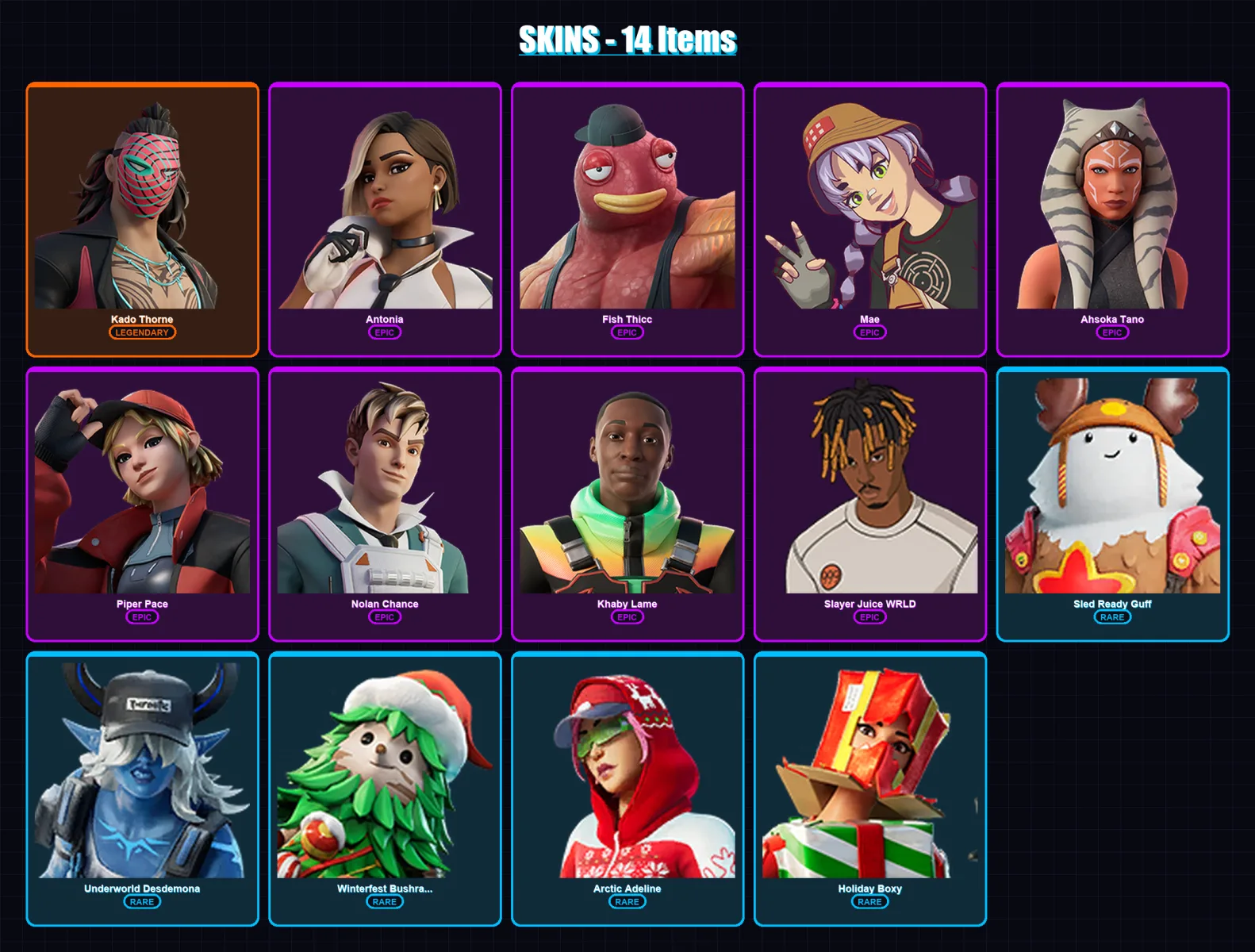 [SWITCH/XBOX/PSN/PC] | Kado Thorne | Antonia | Fish Thicc | Mae | Ahsoka Tano | 14 skin | 27 pickaxe | 27 emote | 25 glider | Lv631