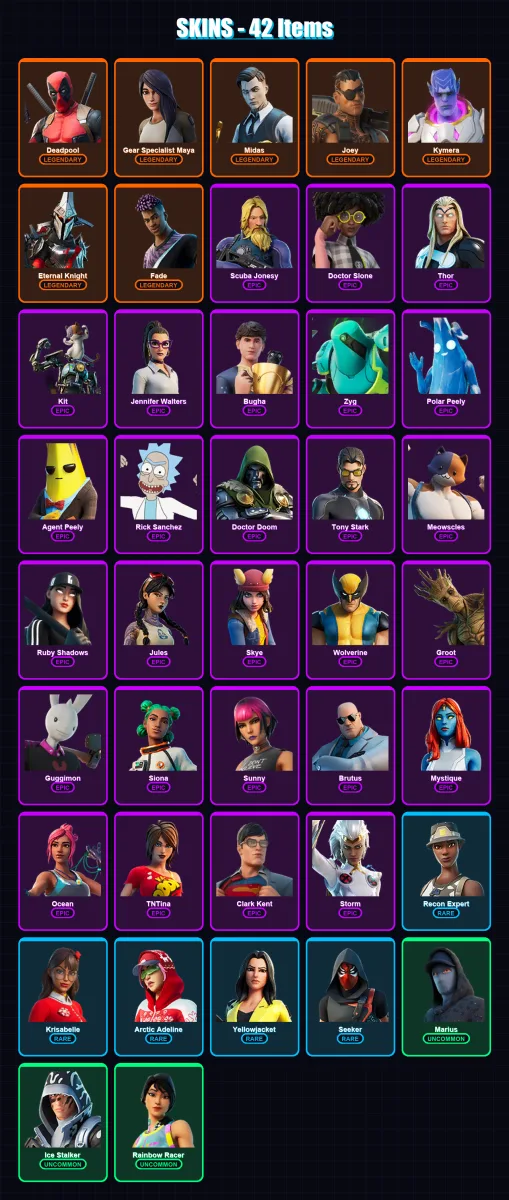 [PS4/PS5/XBOX/PC] | Deadpool | Gear Specialist Maya | Midas | Joey | Kymera | 42 skin | 60 pickaxe | 48 emote | 62 glider | Lv1629