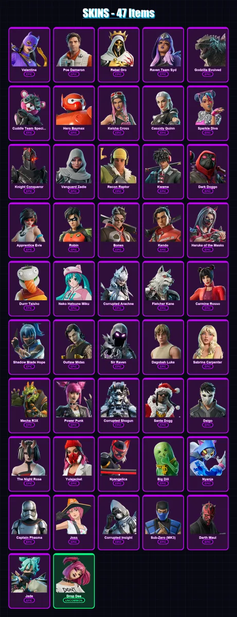 [PC/XBOX/PSN] | Valentina | Poe Dameron | Rebel Oro | Raven Team Syd | Godzilla Evolved | 47 skin | 65 pickaxe | 52 emote | 44 glider | Lv500