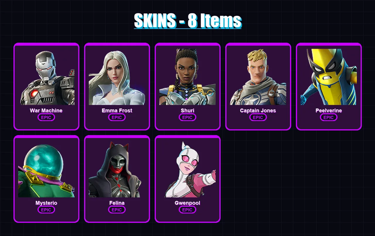 [PC/XBOX/PSN] | War Machine | Emma Frost | Shuri | Captain Jones | Peelverine | 8 skin | 27 pickaxe | 12 emote | 12 glider | Lv241 — Game account
