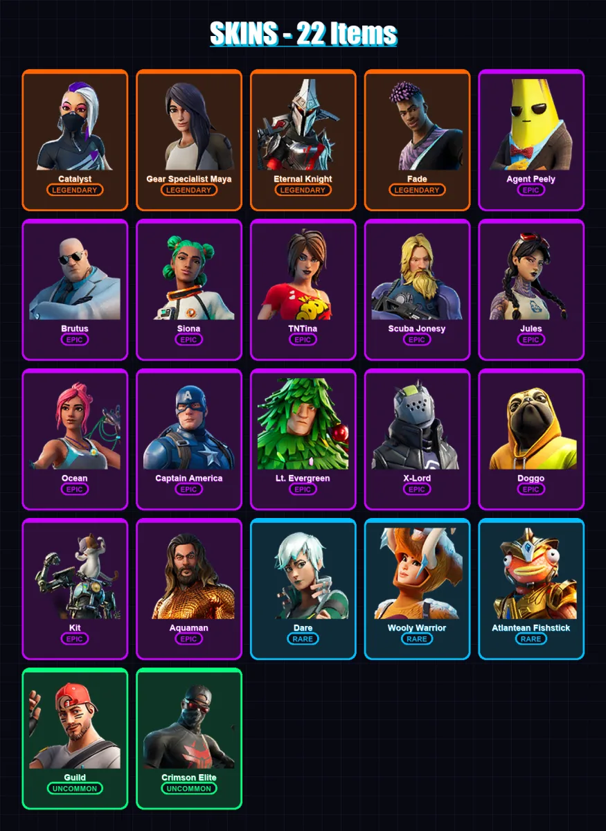 [SWITCH/PC] | Catalyst | Gear Specialist Maya | Eternal Knight | Fade | Agent Peely | 22 skin | 21 pickaxe | 25 emote | 20 glider | Lv221