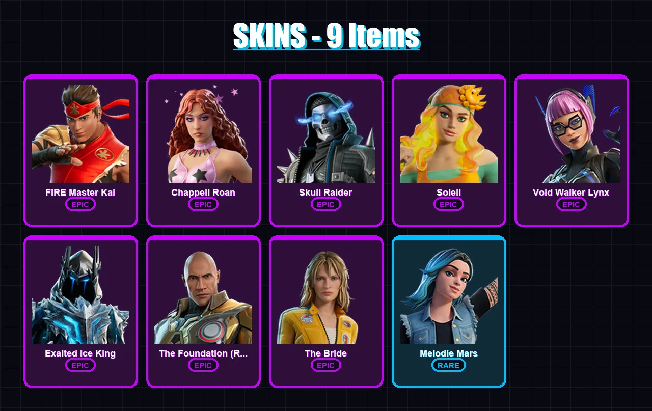 [PC/PSN] | FIRE Master Kai | Chappell Roan | Skull Raider | Soleil | Void Walker Lynx | 9 skin | 10 pickaxe | 6 emote | 3 glider | Lv22