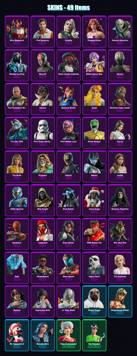 [PC/PSN] | Dino Megazord | Poe Dameron | Carletta | Chappell Roan | General Grievous | 49 skin | 80 pickaxe | 44 emote | 43 glider | Lv736