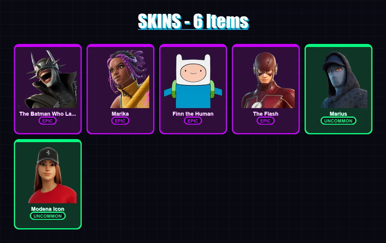 [PC/XBOX/PSN] | The Batman Who Laughs | Marika | Finn the Human | The Flash | Marius | 6 skin | 17 pickaxe | 5 emote | 10 glider | Lv90
