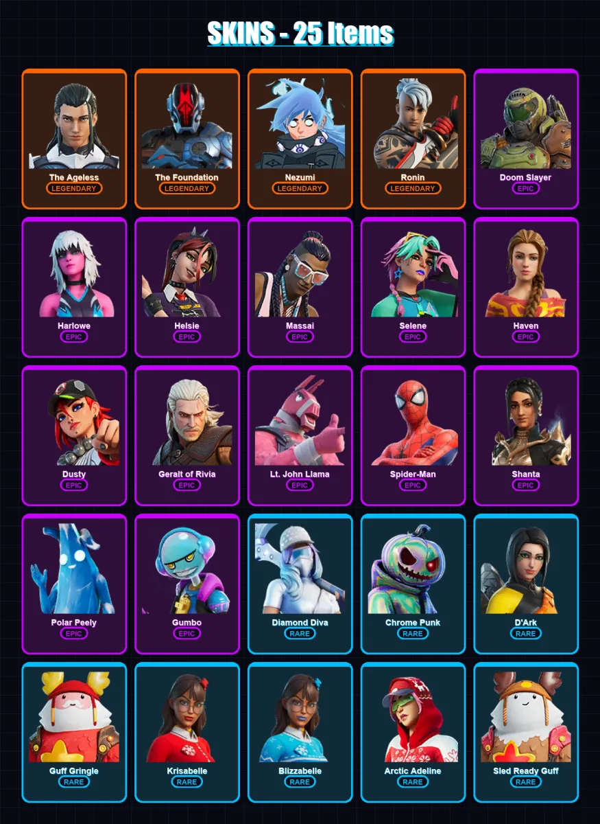 [PC/XBOX/PSN] | The Ageless | The Foundation | Nezumi | Ronin | Doom Slayer | 25 skin | 32 pickaxe | 25 emote | 32 glider | Lv485