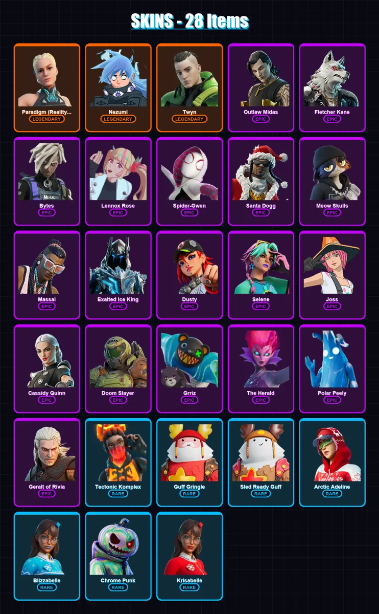 [PC/PSN] | Paradigm (Reality-659) | Nezumi | Twyn | Outlaw Midas | Fletcher Kane | 28 skin | 48 pickaxe | 31 emote | 36 glider | Lv559