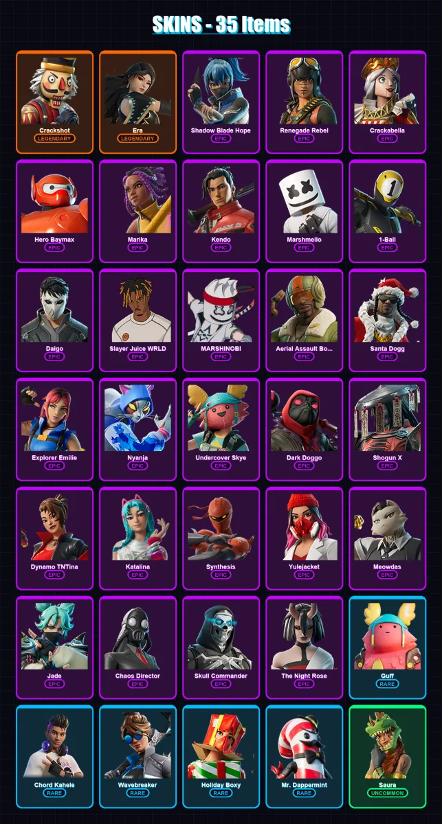 [PC/XBOX/PSN] | Crackshot | Era | Shadow Blade Hope | Renegade Rebel | Crackabella | 35 skin | 61 pickaxe | 30 emote | 33 glider | Lv348