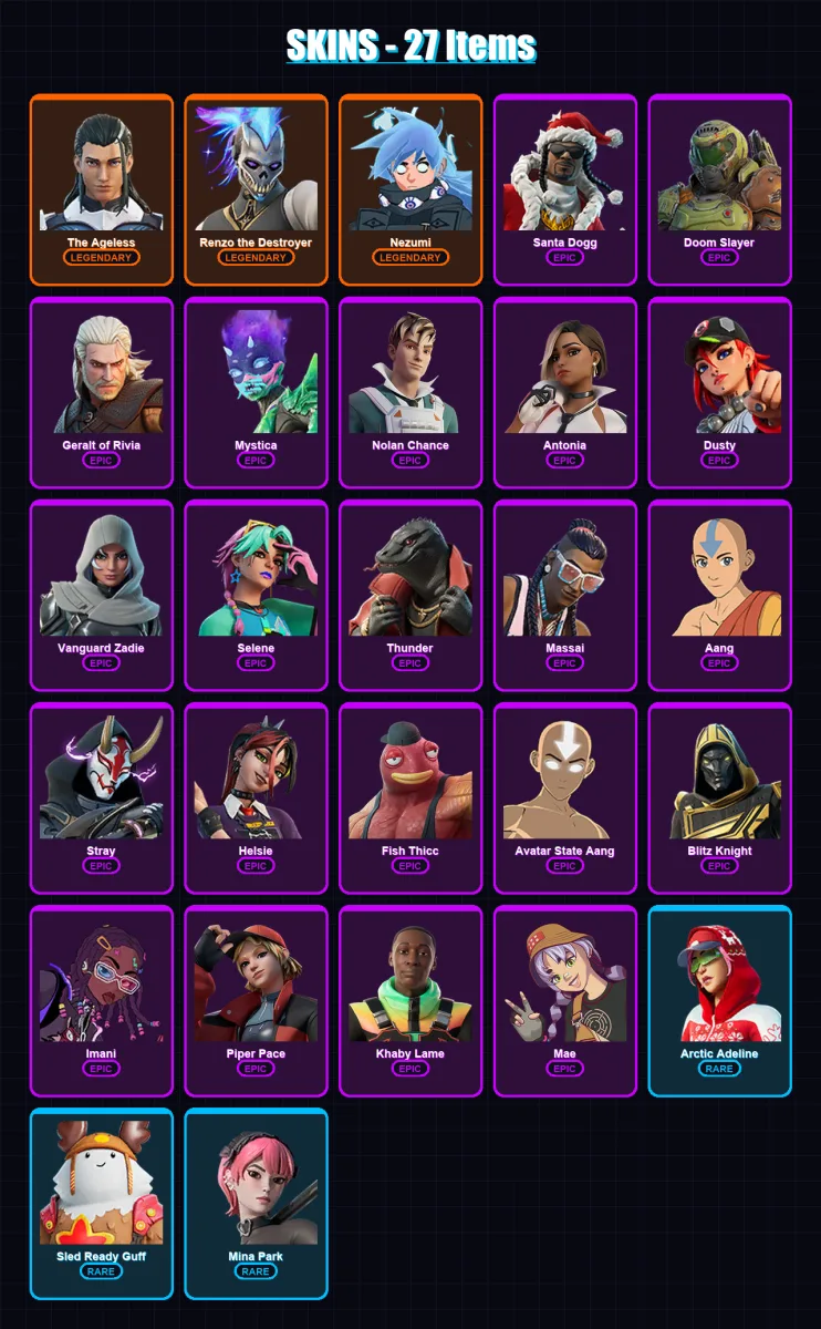 [PC/XBOX/PSN] | The Ageless | Renzo the Destroyer | Nezumi | Santa Dogg | Doom Slayer | 27 skin | 69 pickaxe | 39 emote | 57 glider | Lv706