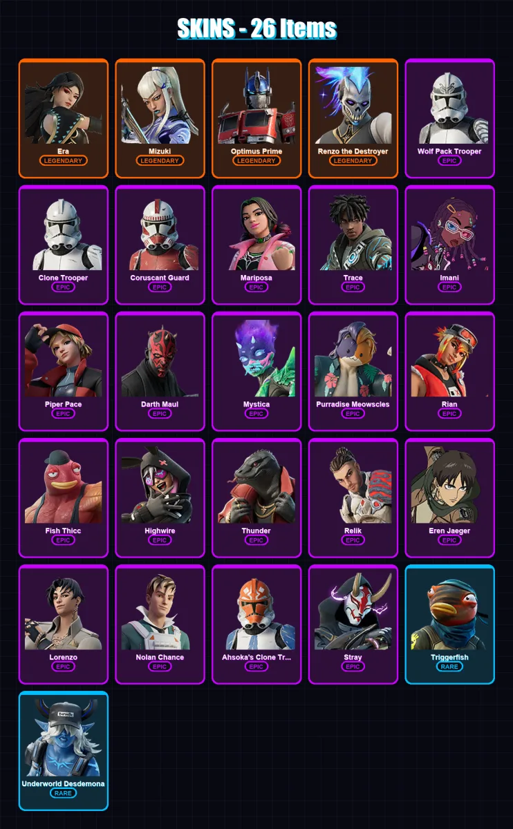 [PC/XBOX] | Era | Mizuki | Optimus Prime | Renzo the Destroyer | Wolf Pack Trooper | 26 skin | 27 pickaxe | 21 emote | 27 glider | Lv389