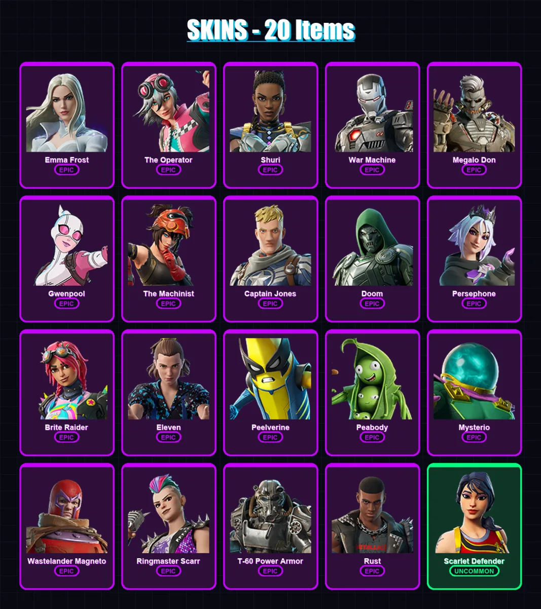 [PC/XBOX/PSN] | Emma Frost | The Operator | Shuri | War Machine | Megalo Don | 20 skin | 39 pickaxe | 21 emote | 30 glider | Lv389