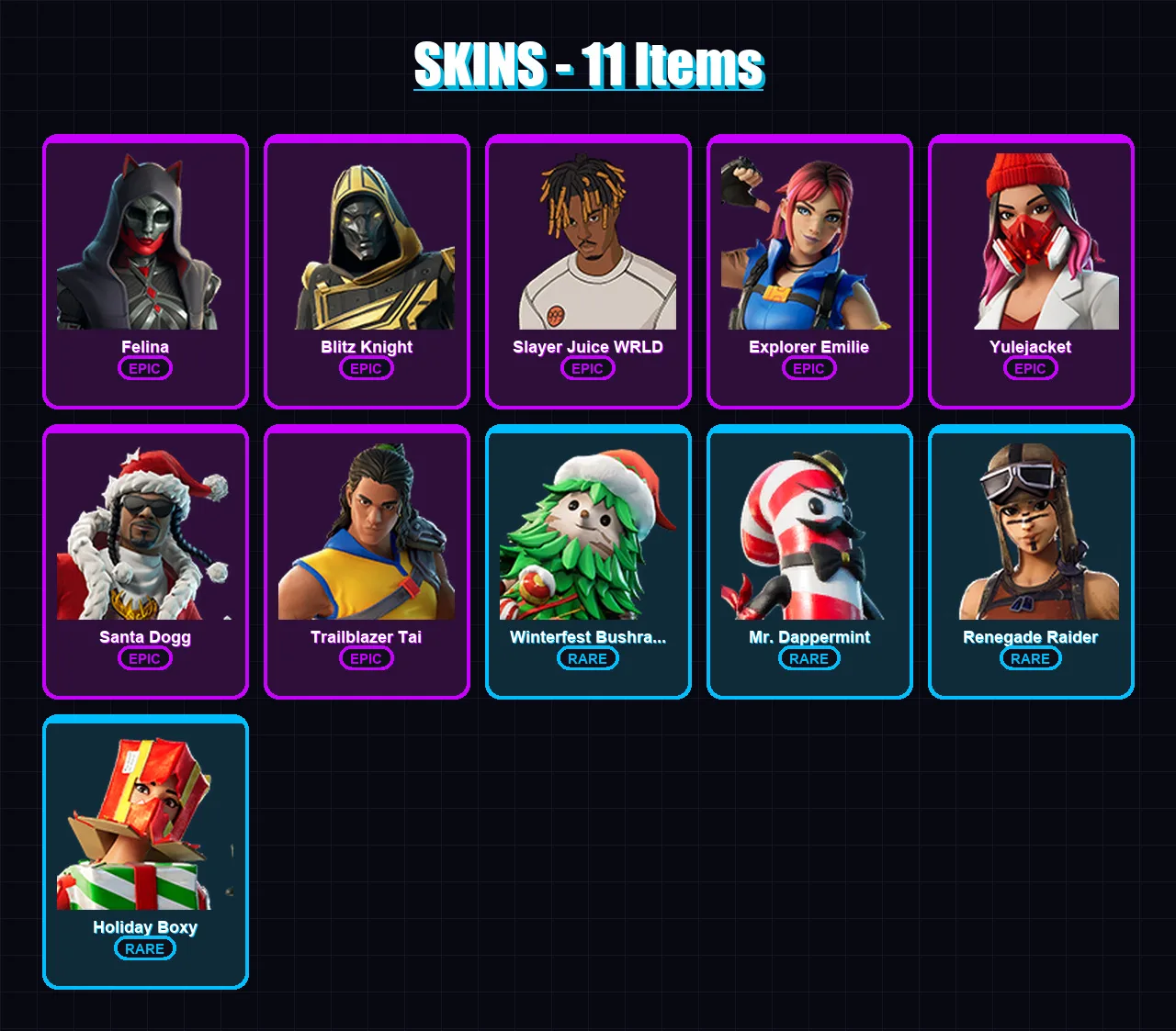 [PC/XBOX/PSN] | Felina | Blitz Knight | Slayer Juice WRLD | Explorer Emilie | Yulejacket | 11 skin | 43 pickaxe | 17 emote | 28 glider | Lv573