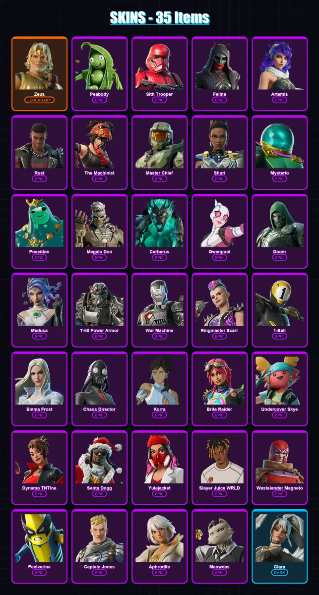 [PC/XBOX/PSN] | Zeus | Peabody | Sith Trooper | Felina | Artemis | 35 skin | 56 pickaxe | 44 emote | 38 glider | Lv558