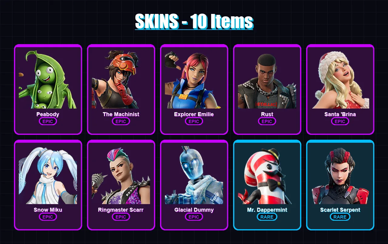 [PS4/PS5/XBOX/PC] | Peabody | The Machinist | Explorer Emilie | Rust | Santa 'Brina | 10 skin | 29 pickaxe | 13 emote | 22 glider | Lv221