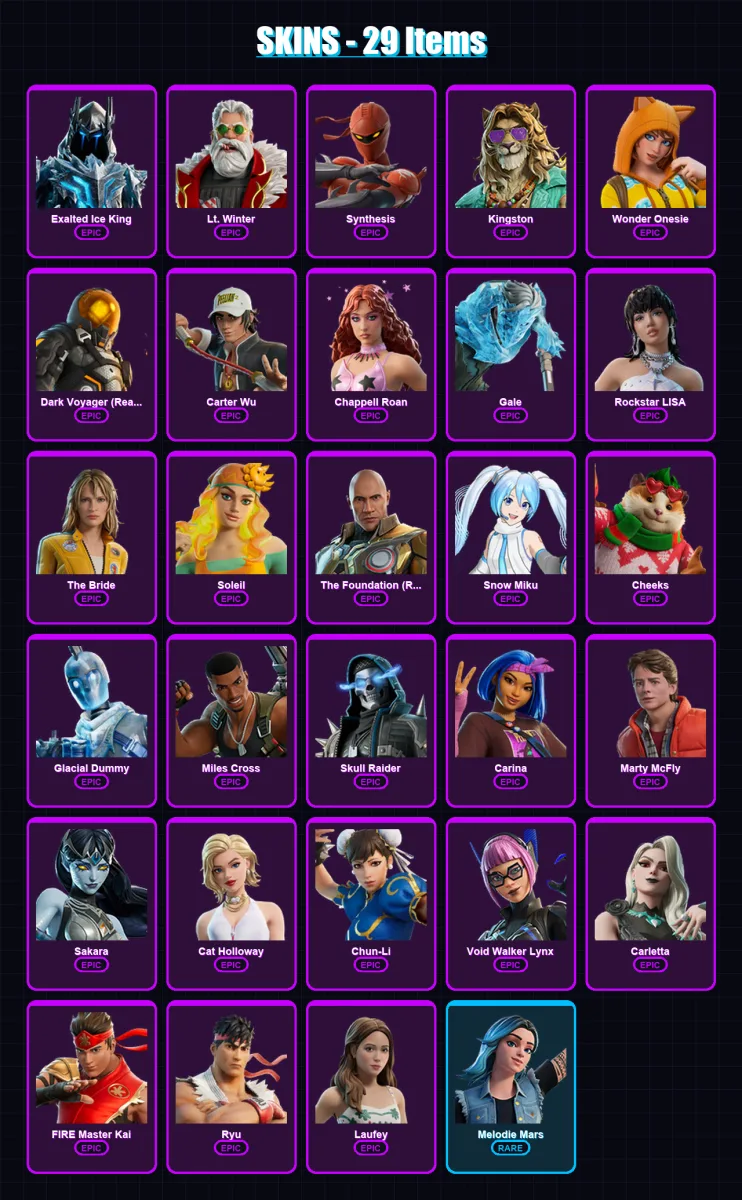 [PC] | Exalted Ice King | Lt. Winter | Synthesis | Kingston | Wonder Onesie | 29 skin | 34 pickaxe | 22 emote | 17 glider | Lv191