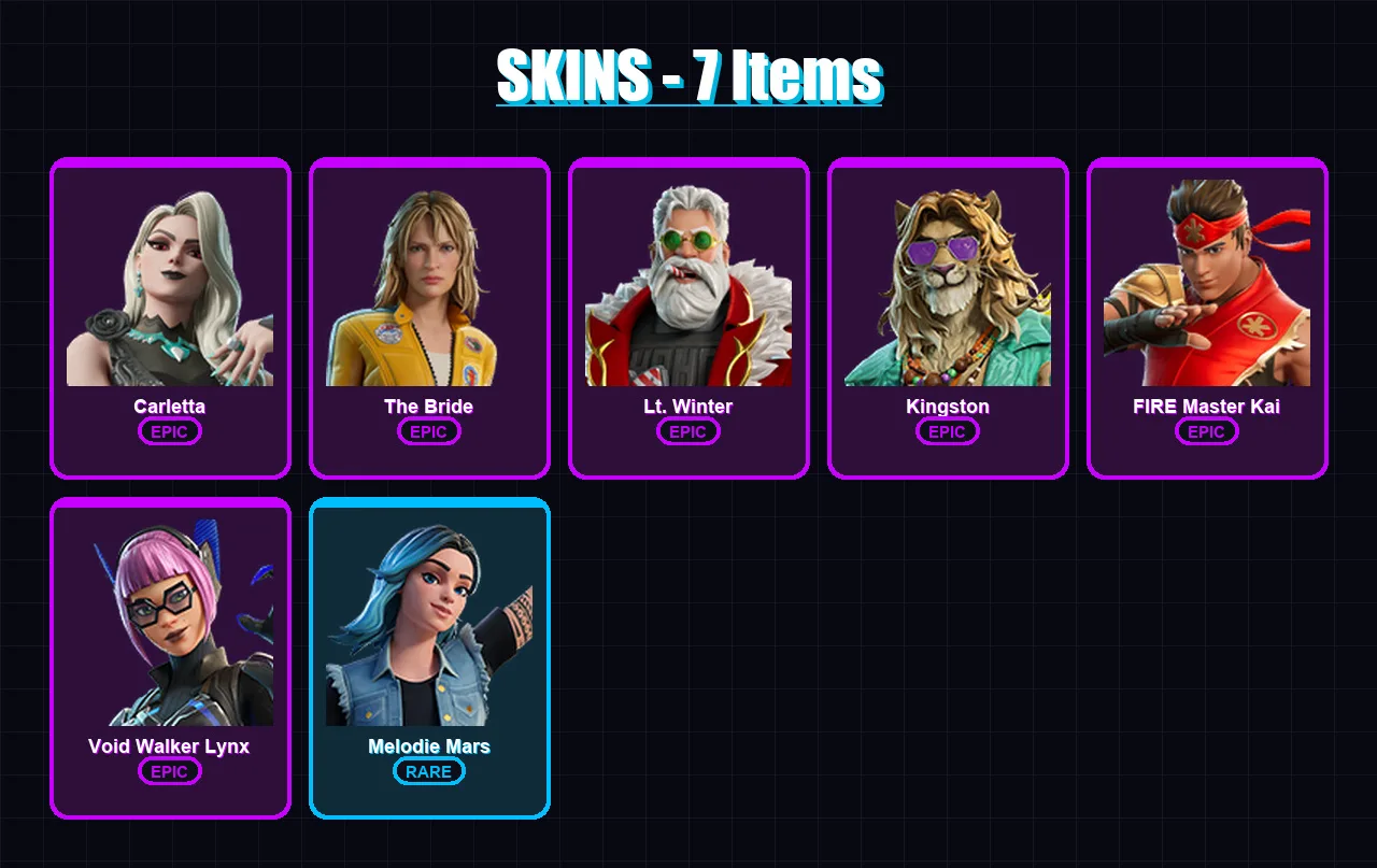 [PC/PSN] | Carletta | The Bride | Lt. Winter | Kingston | FIRE Master Kai | 7 skin | 9 pickaxe | 8 emote | 8 glider | Lv44