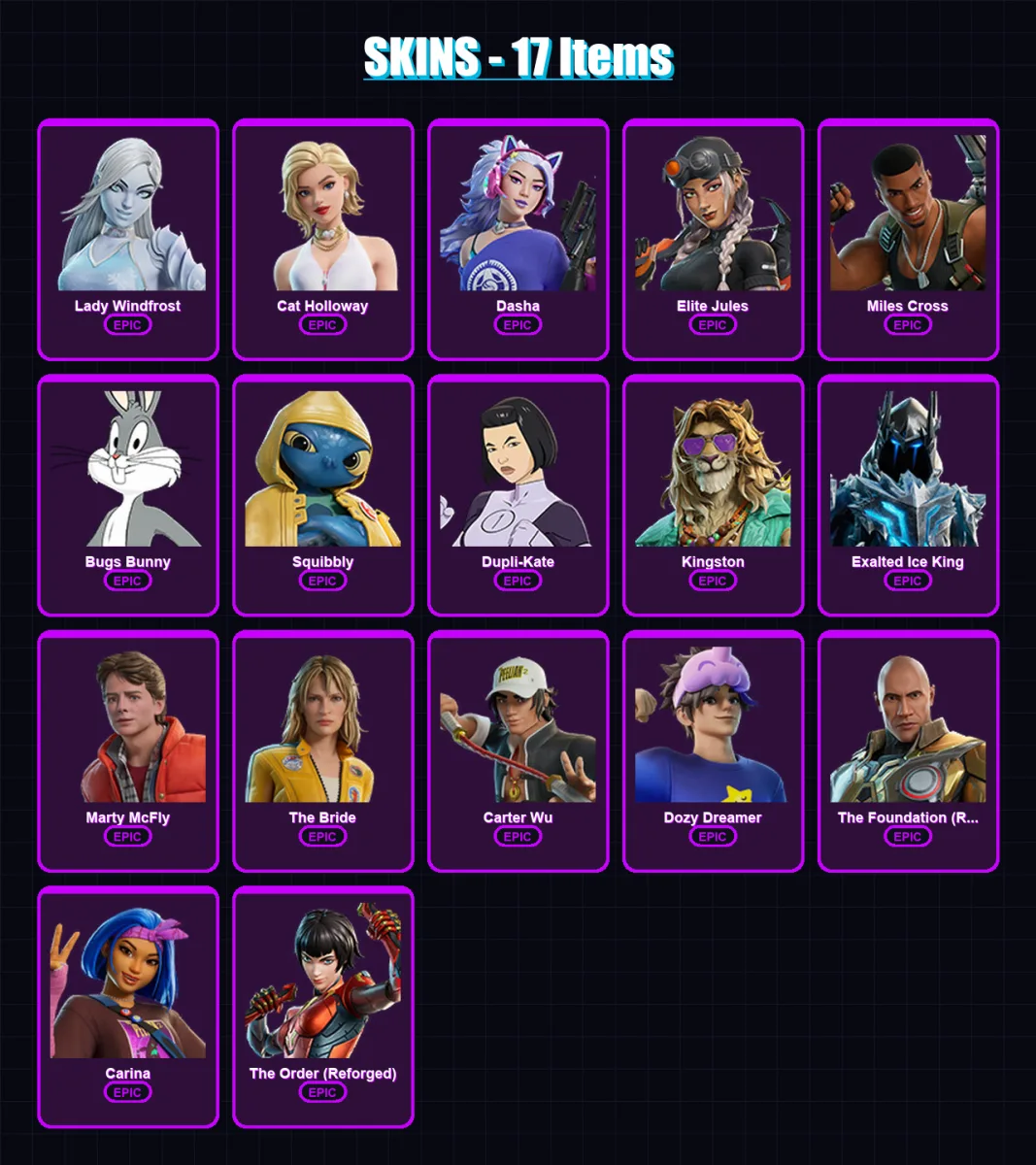 [PC/XBOX] | Lady Windfrost | Cat Holloway | Dasha | Elite Jules | Miles Cross | 17 skin | 40 pickaxe | 24 emote | 30 glider | Lv435
