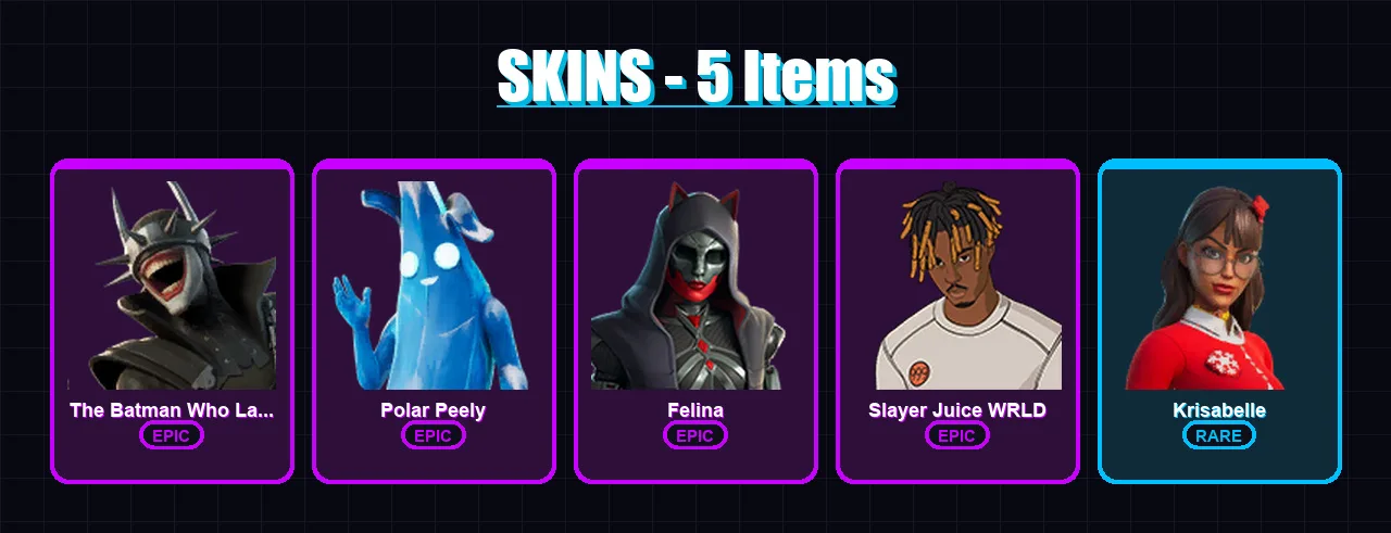 [PC/XBOX/PSN] | The Batman Who Laughs | Polar Peely | Felina | Slayer Juice WRLD | Krisabelle | 5 skin | 28 pickaxe | 18 emote | 23 glider | Lv414