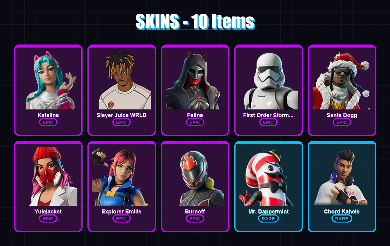 [PC/XBOX/PSN] | Katalina | Slayer Juice WRLD | Felina | First Order Stormtrooper | Santa Dogg | 10 skin | 34 pickaxe | 15 emote | 24 glider | Lv751 — Fortnite account
