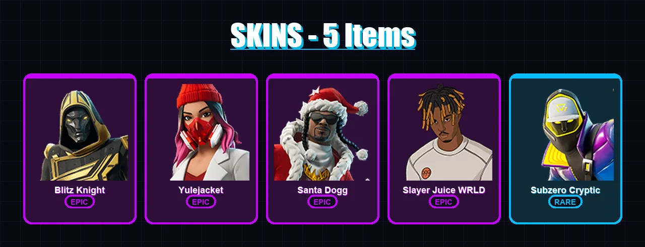 [PC/XBOX] | Blitz Knight | Yulejacket | Santa Dogg | Slayer Juice WRLD | Subzero Cryptic | 5 skin | 48 pickaxe | 17 emote | 28 glider | Lv384