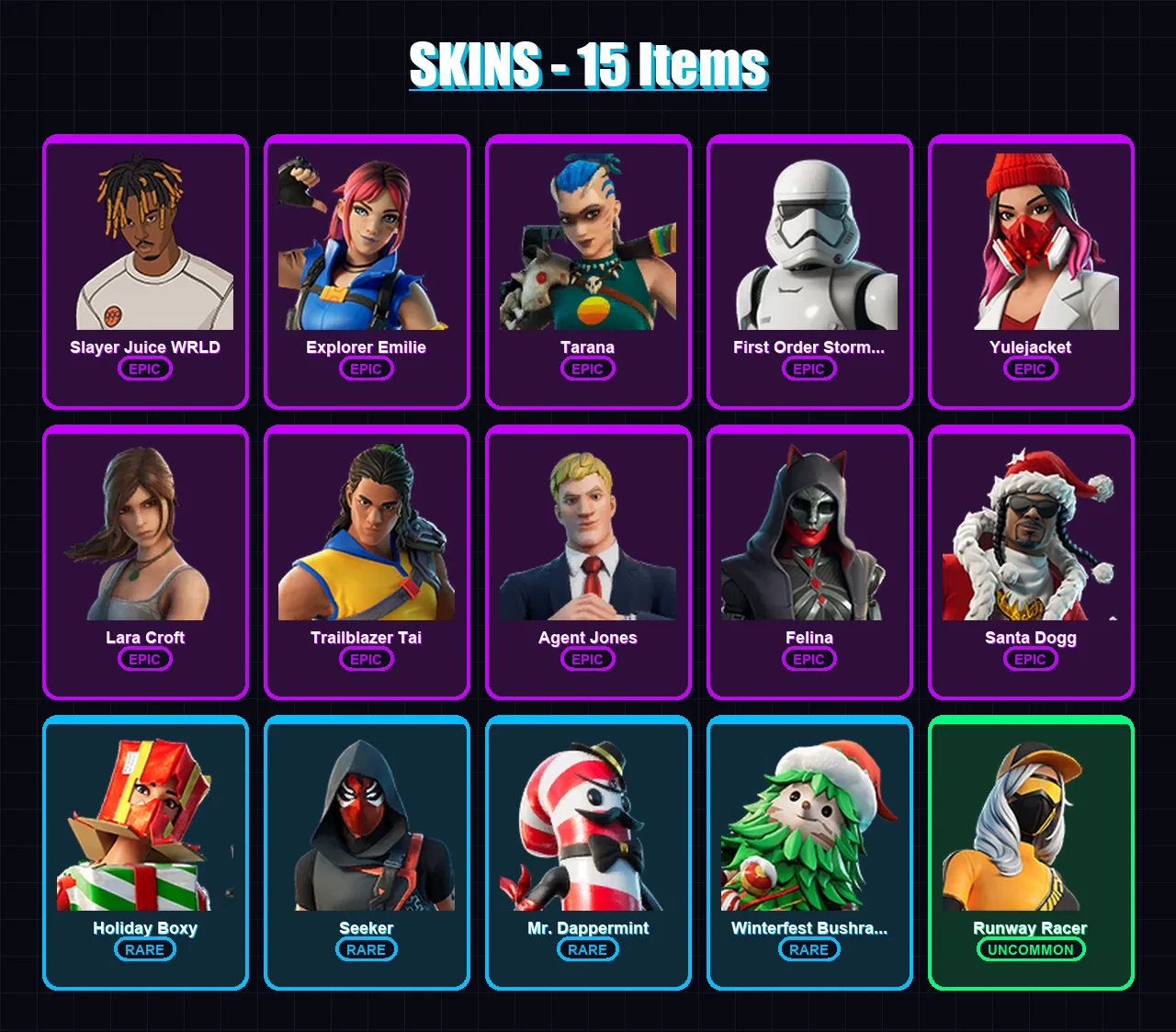 [PC/XBOX] | Slayer Juice WRLD | Explorer Emilie | Tarana | First Order Stormtrooper | Yulejacket | 15 skin | 53 pickaxe | 28 emote | 39 glider | Lv8