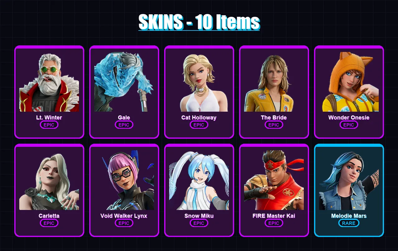 [PC/XBOX/PSN] | Lt. Winter | Gale | Cat Holloway | The Bride | Wonder Onesie | 10 skin | 13 pickaxe | 12 emote | 5 glider | Lv41