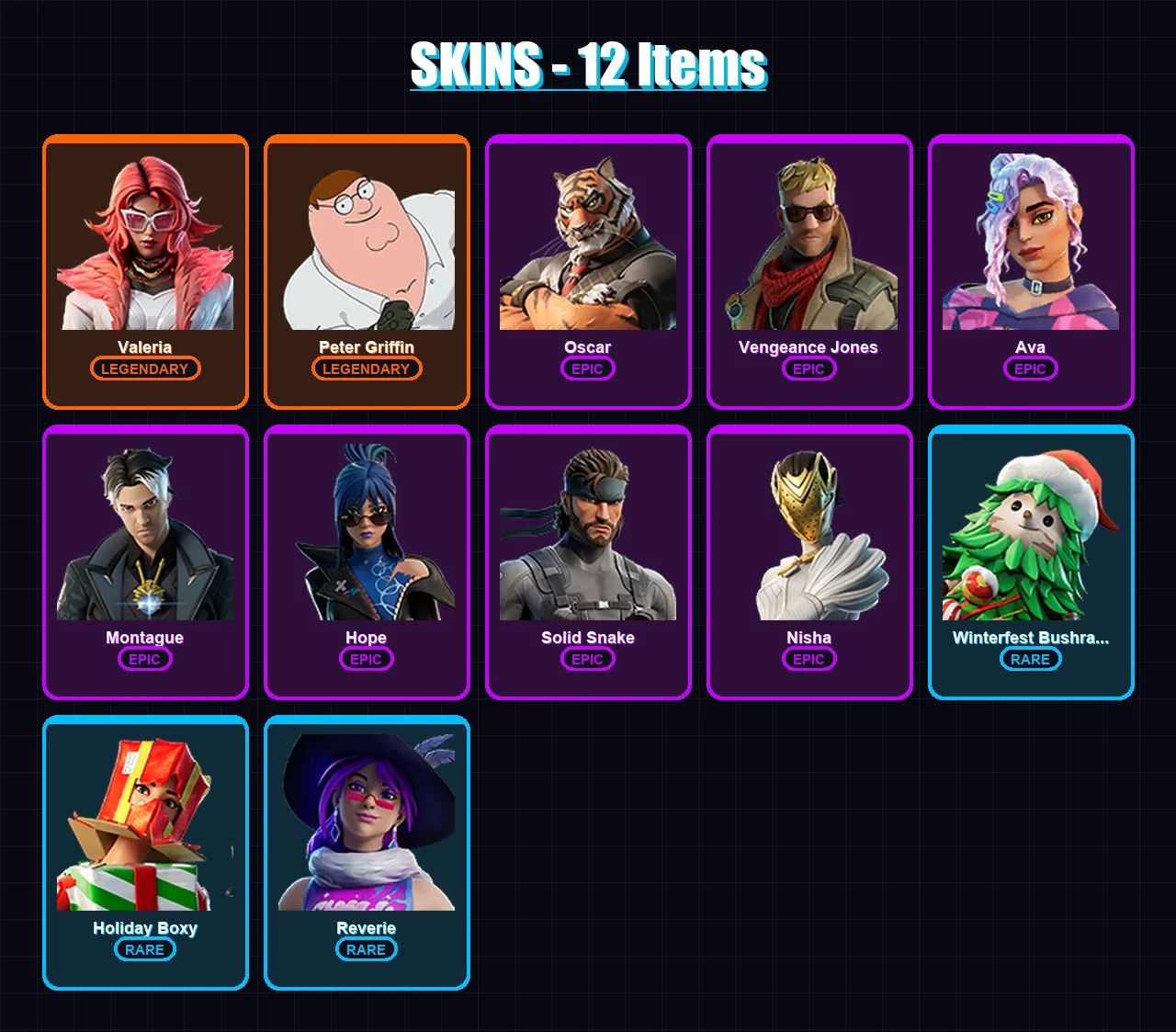 [PC/PSN] | Valeria | Peter Griffin | Oscar | Vengeance Jones | Ava | 12 skin | 13 pickaxe | 10 emote | 13 glider | Lv172