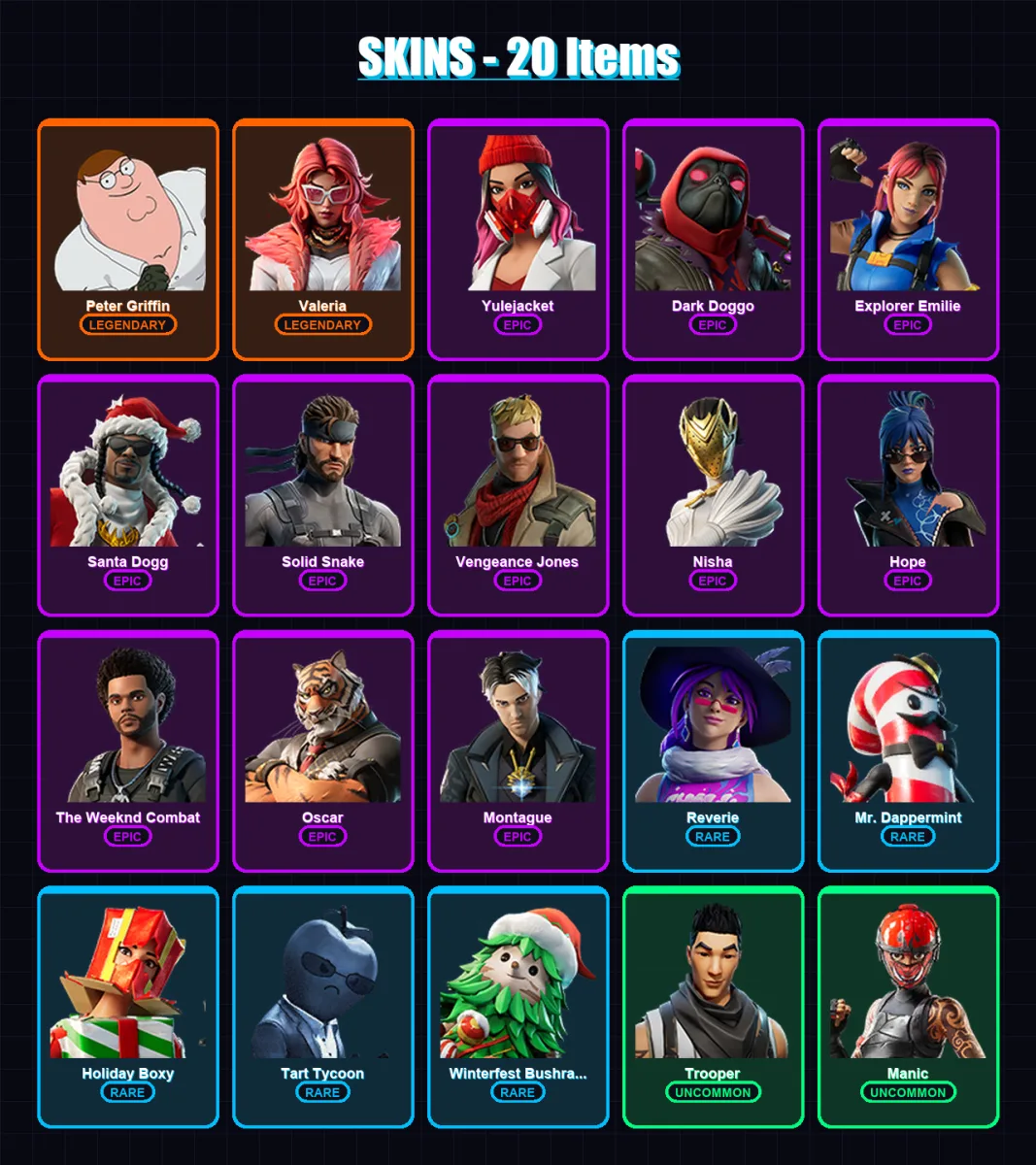[PC/XBOX/PSN] | Peter Griffin | Valeria | Yulejacket | Dark Doggo | Explorer Emilie | 20 skin | 27 pickaxe | 20 emote | 22 glider | Lv312