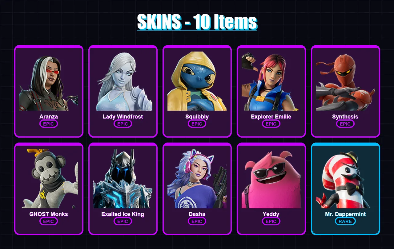 [PC/XBOX/PSN] | Aranza | Lady Windfrost | Squibbly | Explorer Emilie | Synthesis | 10 skin | 15 pickaxe | 9 emote | 14 glider | Lv71