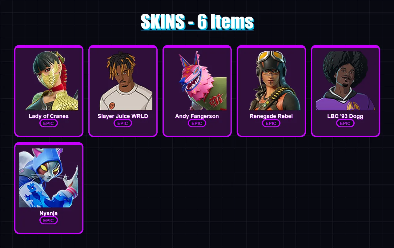 [PS4/PS5/XBOX/PC] | Lady of Cranes | Slayer Juice WRLD | Andy Fangerson | 6 skin | Lv105