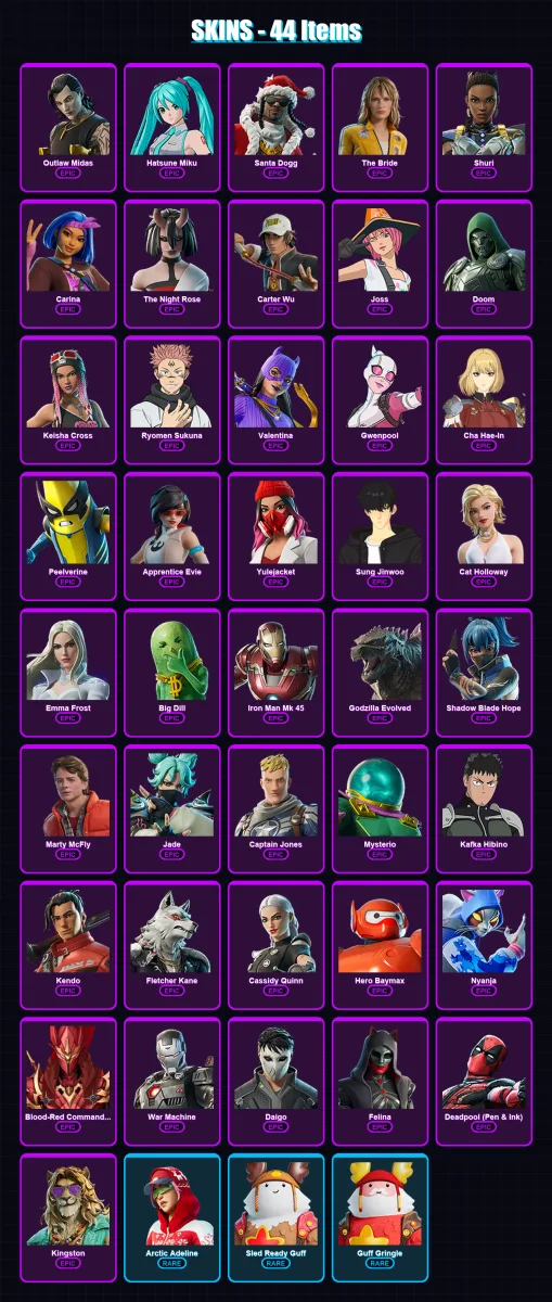 [PC/XBOX/PSN] | Outlaw Midas | Hatsune Miku | Santa Dogg | The Bride | Shuri | 44 skin | 68 pickaxe | 56 emote | 50 glider | Lv651