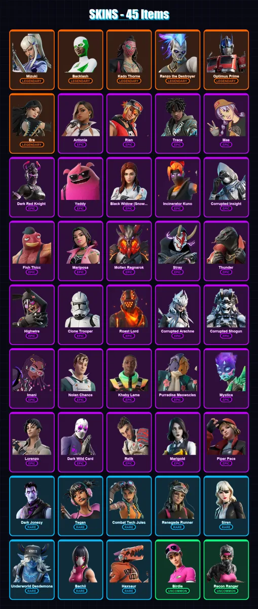 [PC/XBOX] | Mizuki | Backlash | Kado Thorne | Renzo the Destroyer | Optimus Prime | 45 skin | 56 pickaxe | 43 emote | 44 glider | Lv1247