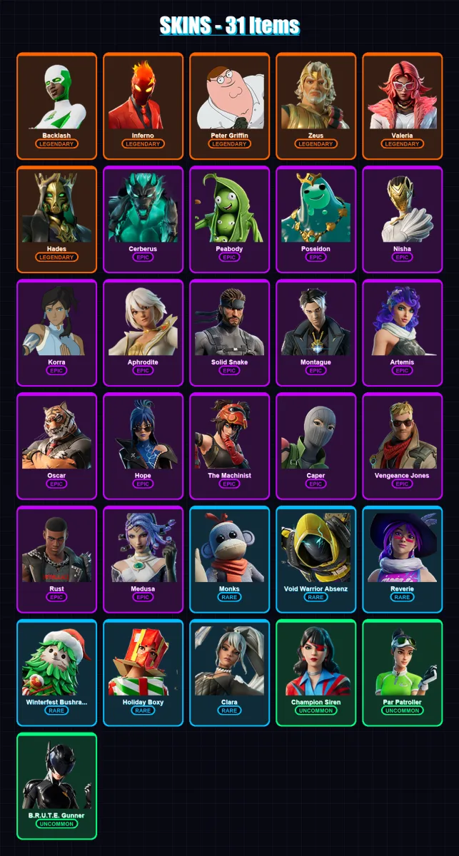 [PC/XBOX] | Backlash | Inferno | Peter Griffin | Zeus | Valeria | 31 skin | 38 pickaxe | 28 emote | 28 glider | Lv437 — Fortnite account