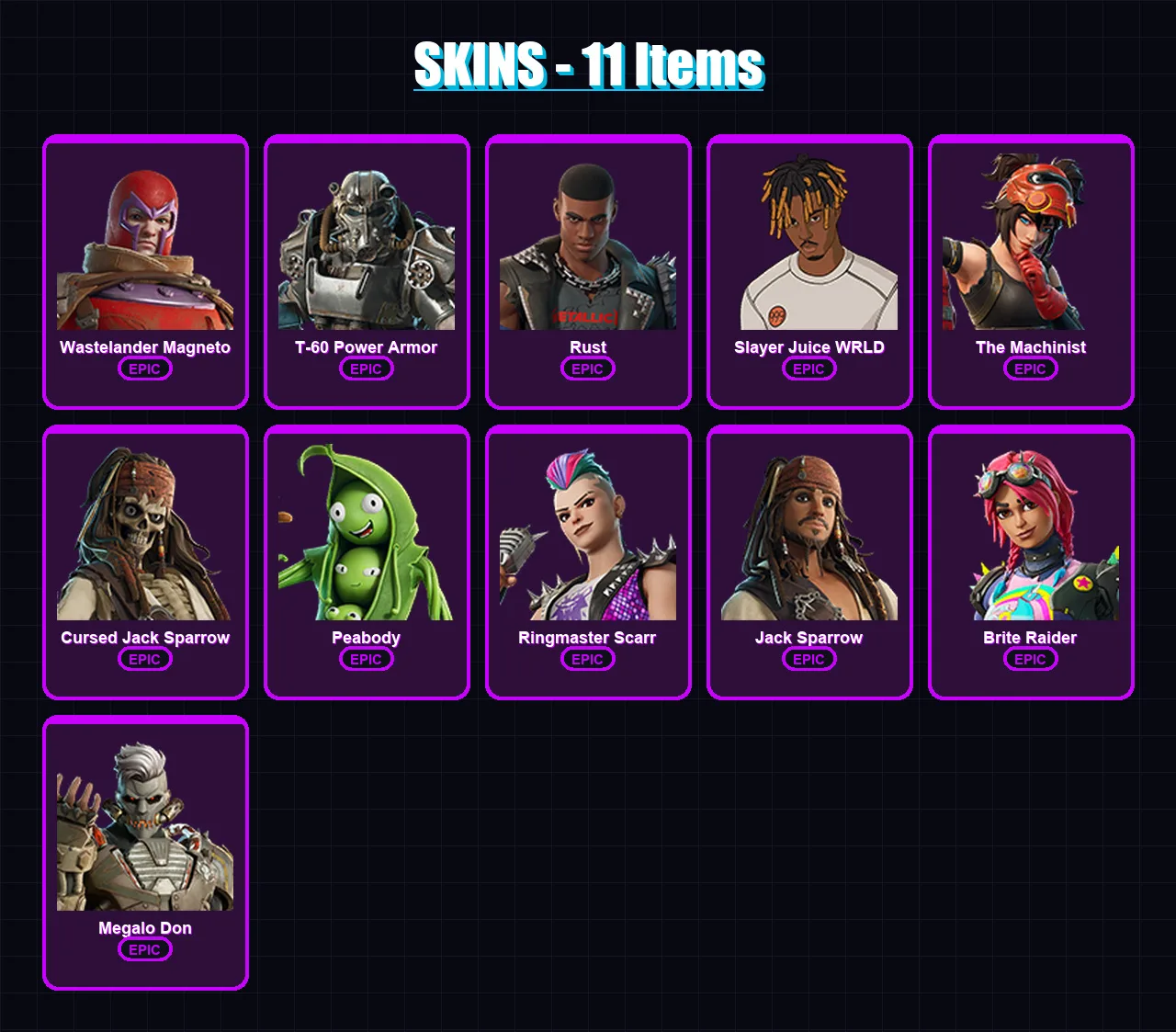 [PC/PSN] | Wastelander Magneto | T-60 Power Armor | Rust | Slayer Juice WRLD | The Machinist | 11 skin | 16 pickaxe | 12 emote | 15 glider | Lv168
