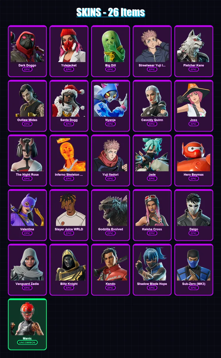 [PS4/PS5/XBOX/PC] | Dark Doggo | Yulejacket | Big Dill | Streetwear Yuji Itadori | Fletcher Kane | 26 skin | 63 pickaxe | 33 emote | 38 glider | Lv4