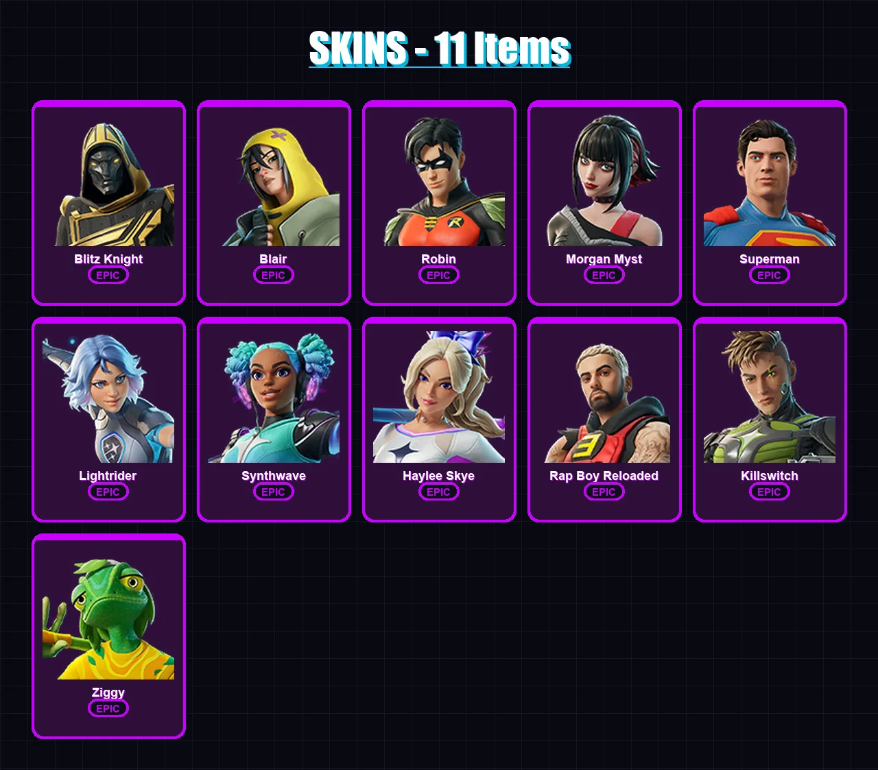 [PC/XBOX/PSN] | Blitz Knight | Blair | Robin | Morgan Myst | Superman | 11 skin | 18 pickaxe | 14 emote | 15 glider | Lv151