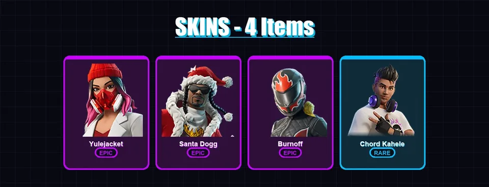 [PC/XBOX] | Yulejacket | Santa Dogg | Burnoff | Chord Kahele | 4 skin | 10 pickaxe | 7 emote | 8 glider | Lv90 — main preview