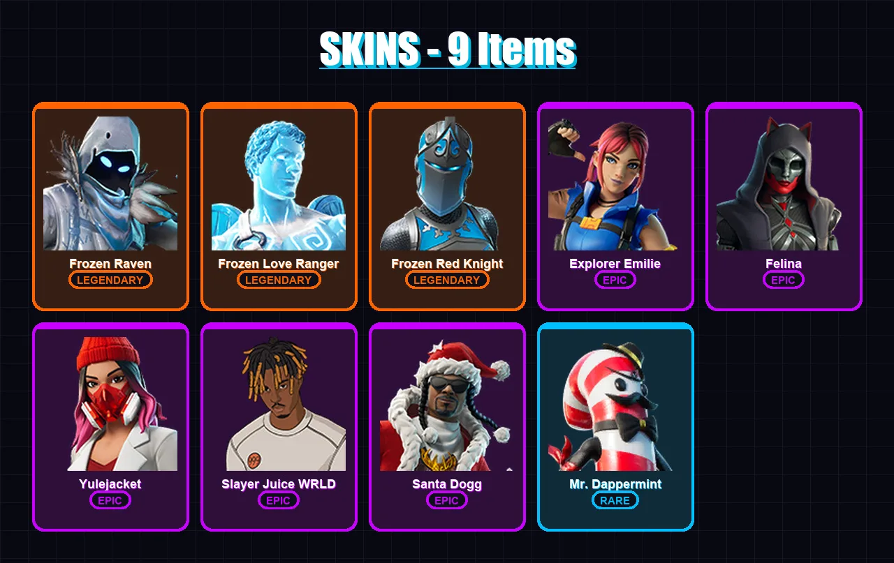 [PC/XBOX] | Frozen Raven | Frozen Love Ranger | Frozen Red Knight | Explorer Emilie | Felina | 9 skin | 20 pickaxe | 9 emote | 14 glider | Lv180