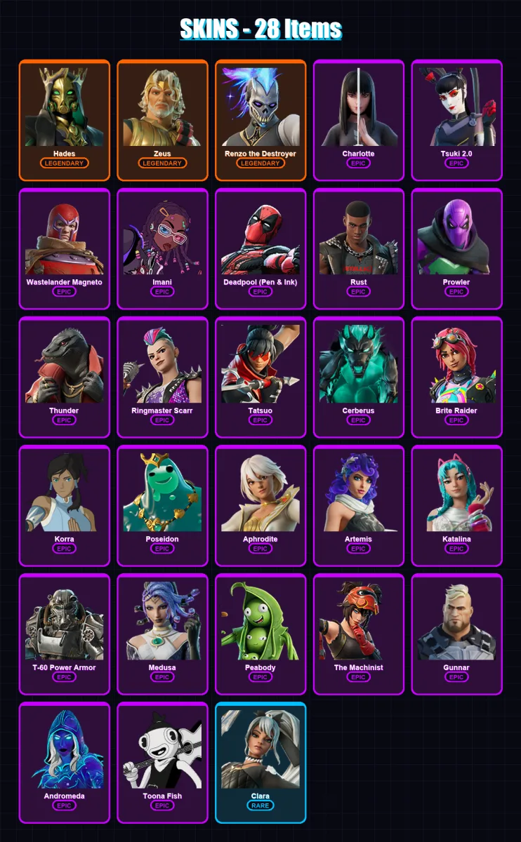 [PC/PSN] | Hades | Zeus | Renzo the Destroyer | Charlotte | Tsuki 2.0 | 28 skin | 51 pickaxe | 33 emote | 44 glider | Lv500