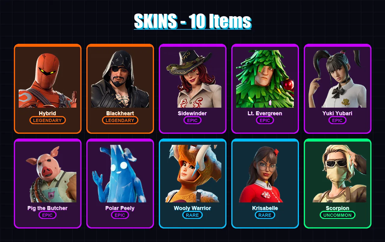 [PC/XBOX] | Hybrid | Blackheart | Sidewinder | Lt. Evergreen | Yuki Yubari | 10 skin | 39 pickaxe | 29 emote | 31 glider | Lv568
