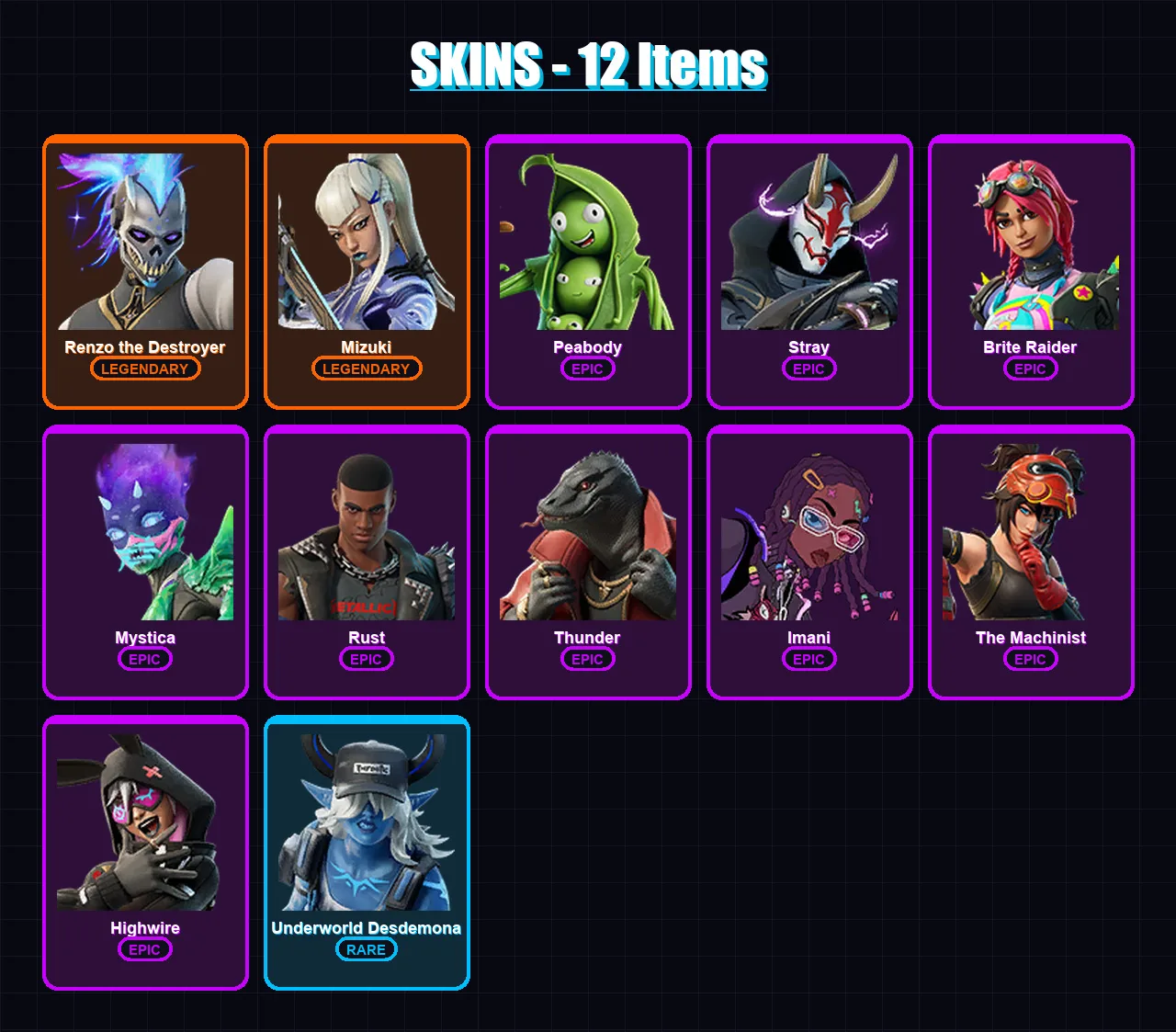 [PC/XBOX/PSN] | Renzo the Destroyer | Mizuki | Peabody | Stray | Brite Raider | 12 skin | 14 pickaxe | 11 emote | 19 glider | Lv172