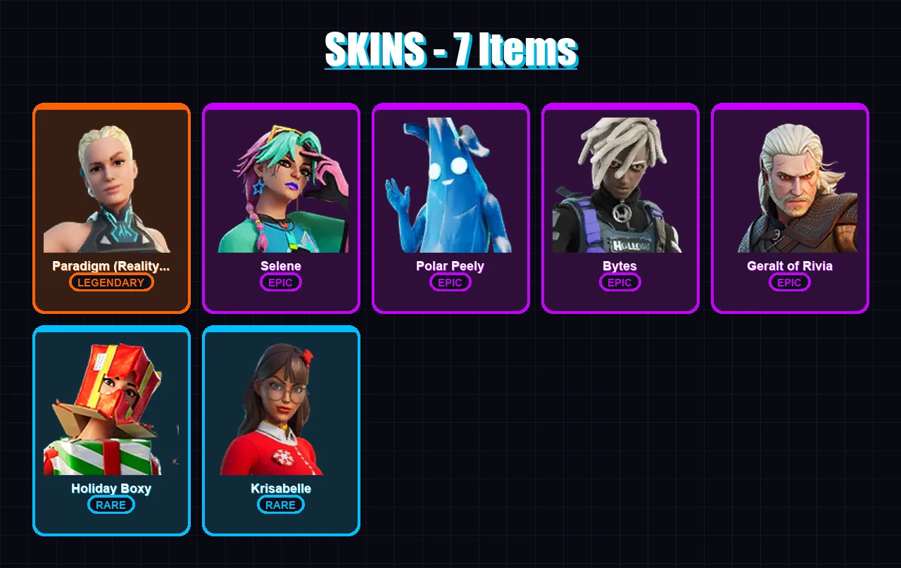 [PC/XBOX/PSN] | Paradigm (Reality-659) | Selene | Polar Peely | Bytes | Geralt of Rivia | 7 skin | 32 pickaxe | 23 emote | 30 glider | Lv431
